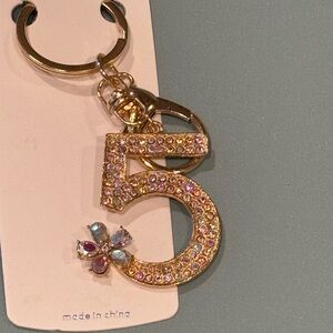 BAG CHARM Mint Iridescent Crystal and Gold “5” Key Chain